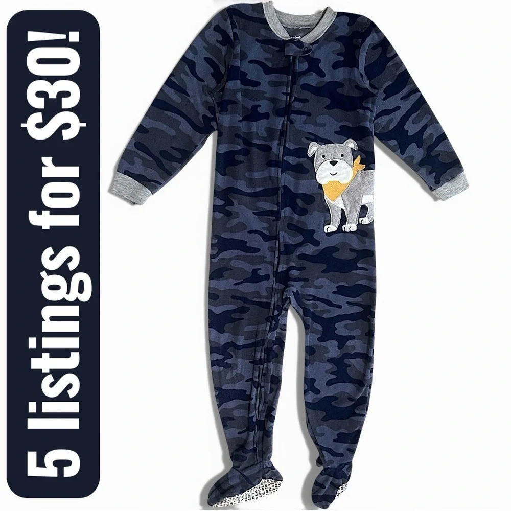 Carter's 5T Boy Camo Fleece Zip Footie Pajamas Navy Camouflage with Dog Design